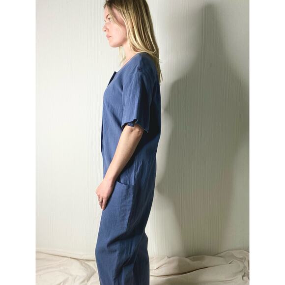 7115 BY SZEKI Mechanic Blue Linen Gauze Short Sleeve Jumpsuit US SMALL - Picture 4 of 11